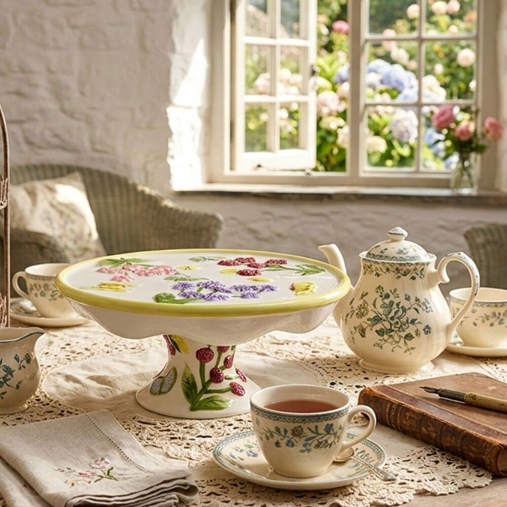 Gibson Pedestal Cake Plate Floral Butterfly Cottage Garden Tea Core Decor